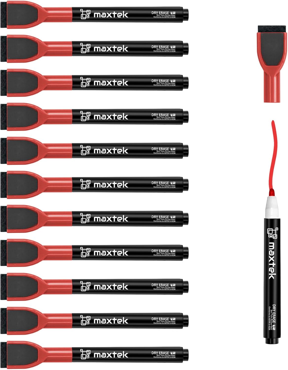 maxtek Magnetic Black Dry Erase Markers, 6 Count Fine Tip Whiteboard Markers with Eraser, Thin Markers Low Odor for Classroom, Office, Home