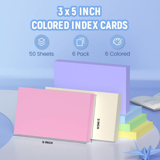 Colored Index Cards 3x5, 300 Pcs Blank Index Cards 3x5, Double-Sided Blank Flashcards, 6 Colors Note Cards 3 x 5, Heavy Bright Flash Cards for Studying, Colored Notecards for Office, School, and Home