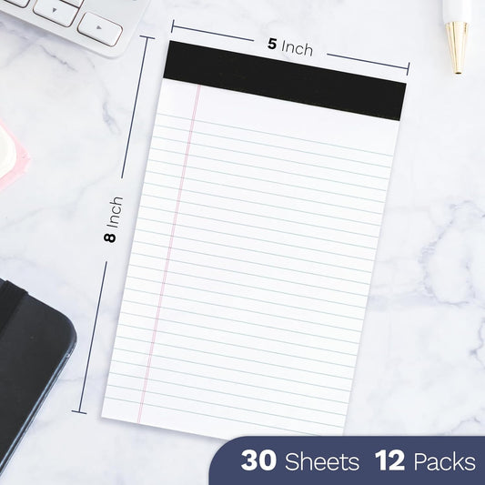 Goefun 12 Pack Yellow Note Pads 5x8, Small Legalpads 5x8 Yellow for Office, Perforated College Ruled Writing Pads - 30 Sheets Samll Notepad
