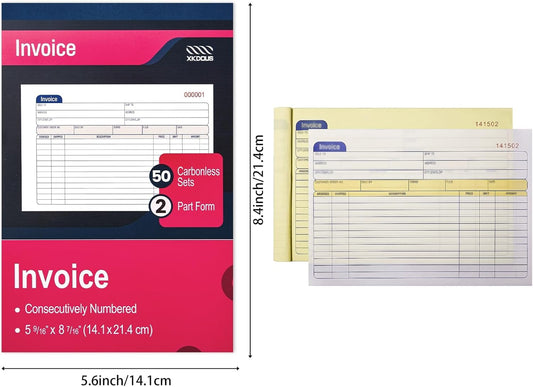 XKDOUS 2 Pack Invoice Book, 2-Part Carbonless, 5-9/16" x 8-7/16" Invoice Receipt Book for Small Business, 50 Sets per Book