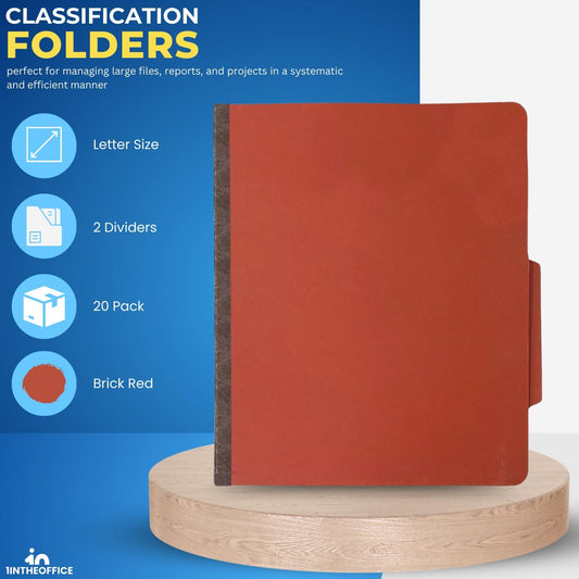 1InTheOffice Classification Folders, 2 Dividers, Heavy-Duty Pressboard Cover, Letter Size, Brick Red, 6 Fasteners,20 Pack