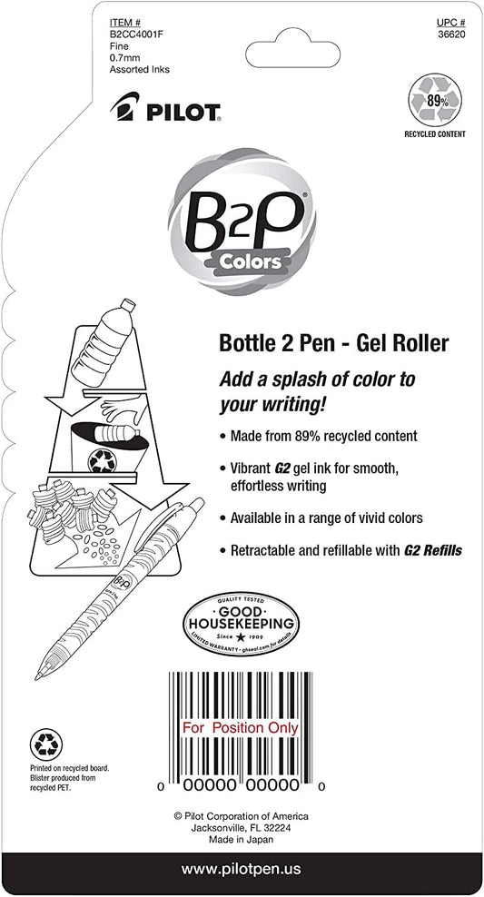 PILOT B2P Colors - Bottle to Pen Refillable & Retractable Rolling Ball Gel Pen Made From Recycled Bottles, Fine Point, Assorted Color G2 Inks, 14-Pack (15355)