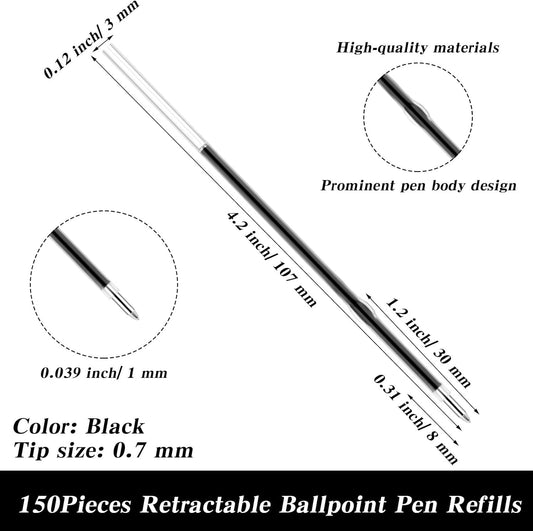 150 Piece Ballpoint Refills 1 mm Medium Point Tip Retractable Ballpoint Smooth Writing Pen Refills for Journal Writing Office and School Supplies