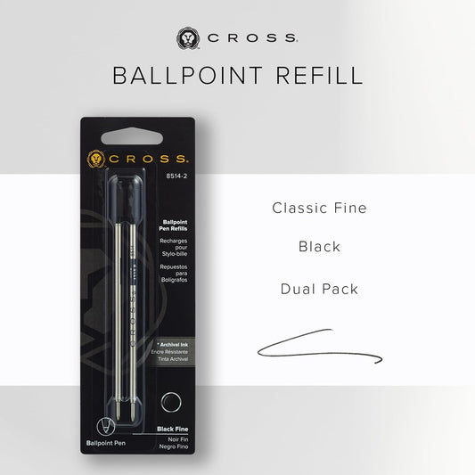 Cross Ballpoint Pen Refill - Black - Fine - 2-Pack - Refill for Consistent Ink Flow - Quick-Drying & Smudge-Free - Precision-Engineered - Crisp Lines & Signatures - 0.27 mm Width - Writes 2.7 Miles