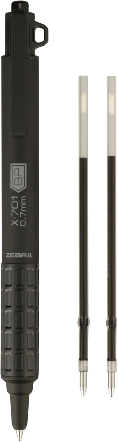 Zebra Pen, X-701 Tactical Ballpoint Pen, Writes in Extreme Conditions, Matte Black Stainless Steel, Refillable, Lanyard Loop, 0.7mm Black Ink, 1-Pack Plus 2 Bonus Refills, (29811)