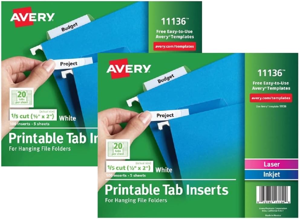 Avery : Laser/Inkjet Inserts for Hanging File Folders, 1/5 Tab, 2in, White, 100/Pack -:- Sold as 2 Packs of - 100 - / - Total of 200 Each