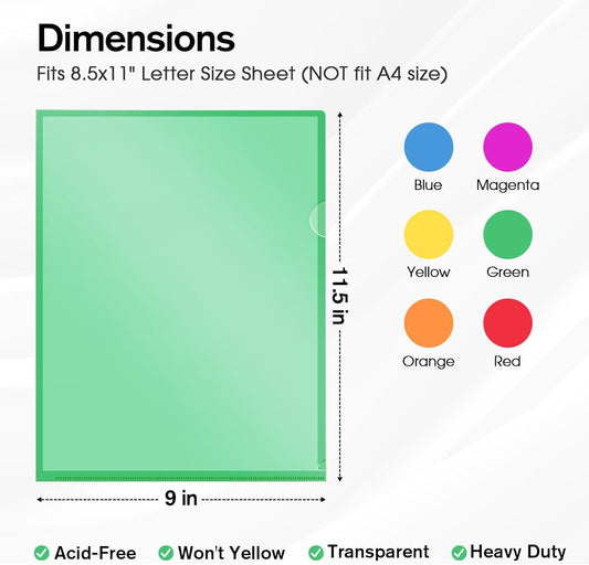 KTRIO Clear Plastic Folders Sleeves 12 Pack, 6 Assorted Colors, Documents Project Pockets for Letter Size 8.5x11 Paper, L-Shaped File Jackets, Acid-Free Poly Plastic