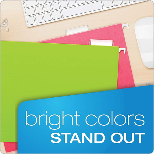 Pendaflex Hanging File Folders, 25-Pack, Letter Size, Bright Neon Assorted Colors, Document Organization for Home Office and School Supplies, Includes Clear Tabs with Labels, 1/5-Cut Adjustable