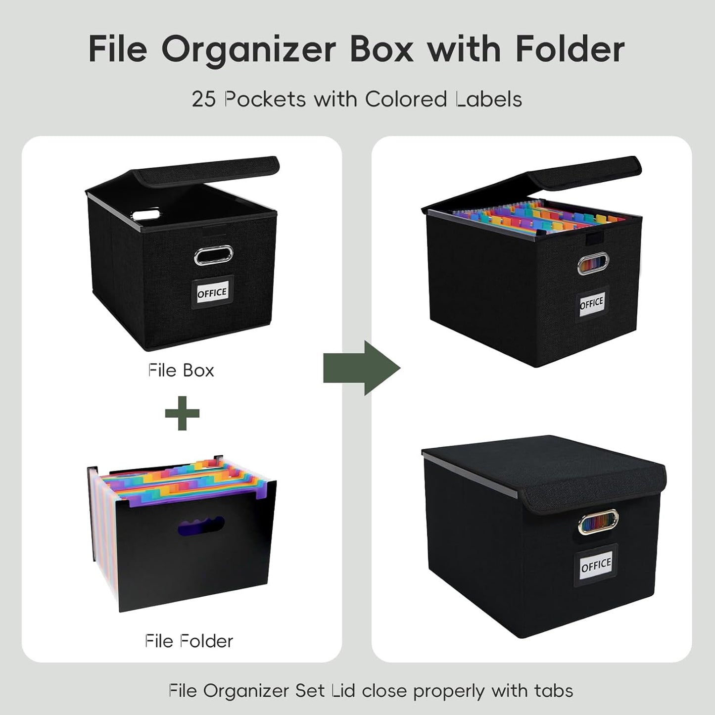 File Organizer Box with 25-Pocket Accordion Folder, File Folder & Protective Lid - Document Storage for Home, Office, School, Dark Grey