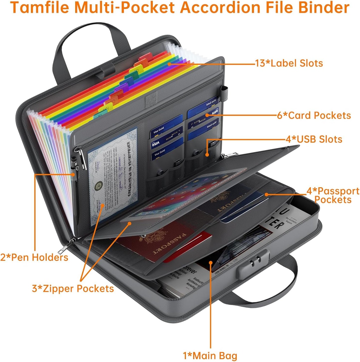 5200℉ Fireproof Accordion File Organizer with Lock, Thickened Document Organizer 13 Pocket with Zipper & Labels, Important Document Organizer, Expanding File Folder with Handle for Letter A4 (Grey)