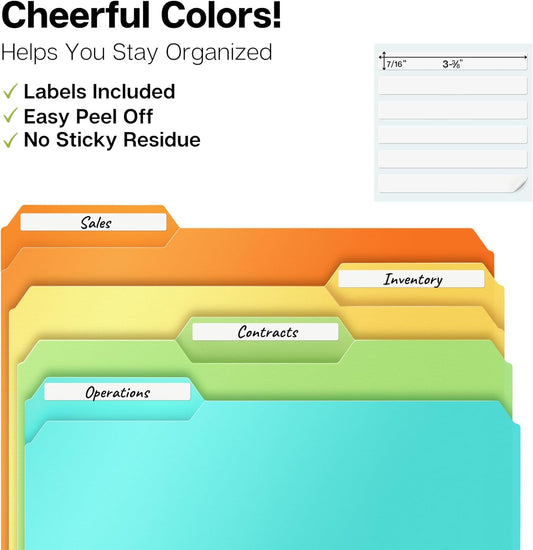 Dunwell Plastic Colored File Folders (24 Pack), Colorful 1/3 Tab Filing Folders for Letter Size Documents, Manila Sleeves 8.5 x 11, Acid-Free Poly for Long Term Storage, Includes Labels