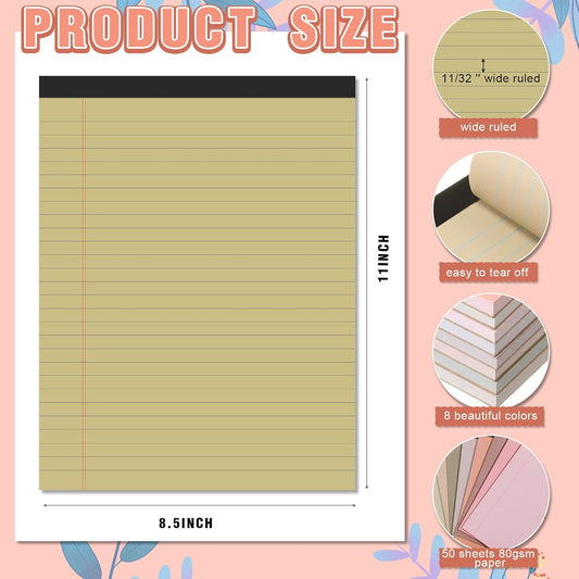 Fuutreo 8 Pcs 8.5'' x 11'' Colored Legal Pad Writing Pads Wide Ruled 50 Sheets Per Notepad Perforated Writing Notepad Office Supplies for School College Office Business (Bohemian Color)