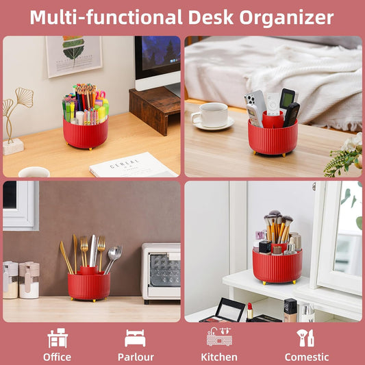Marbrasse Desk Organizer, 360-Degree Rotating Pen Holder, Desk Organizers and Accessories with 5 Compartments Pencil Holder, Art Supply Storage Box Caddy for Office, Home(White)