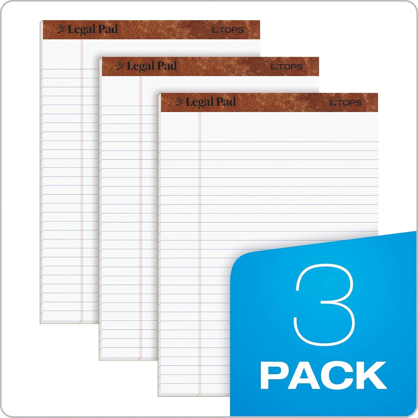 TOPS The Legal Pad, 8-1/2 x 11-3/4 Inches, Perforated, White, Legal/Wide Rule, 50 Sheets per Writing Pad, 3 Pads per Pack (75337)