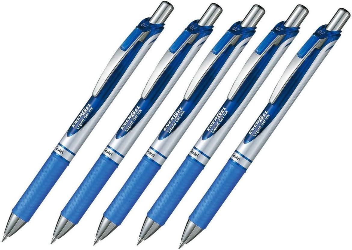 Pentel EnerGel Deluxe RTX Retractable Liquid Gel Pen,0.7mm, Fine Line, Metal Tip, Blue Ink-Value set of 5