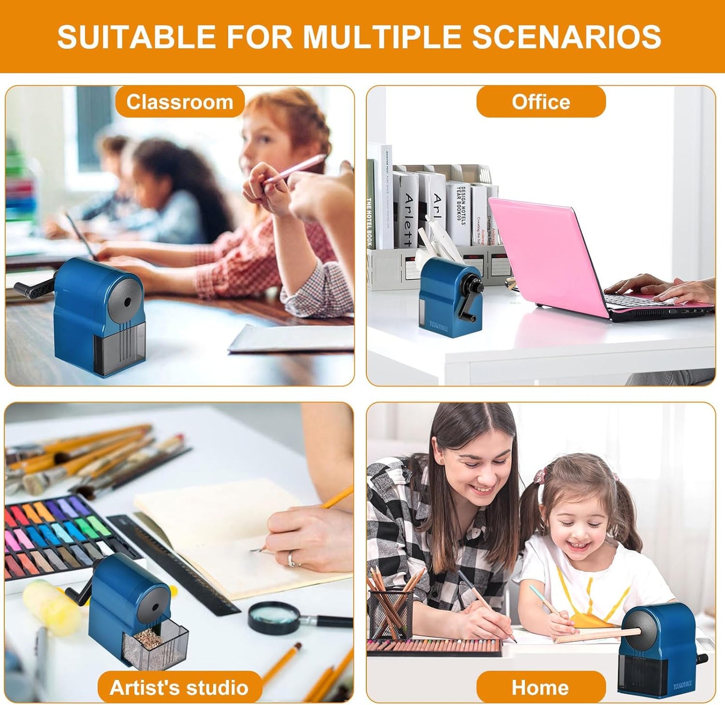 Manual Pencil Sharpener Hand Crank Pencil sharpeners for Kids Adjustable in 5 Grades of Thickness Suitable for Kids,Artists,Students,and Office (Blue)