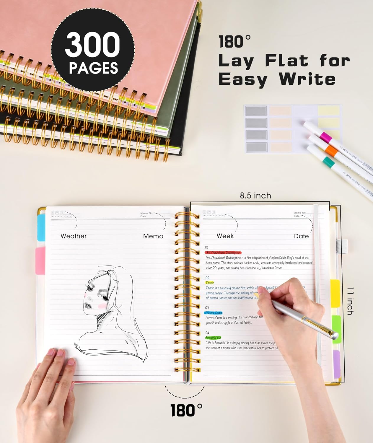 Hardcover Spiral Notebook Journal with Removable Dividers Tabs, 300 Pages Leather 5 Subject Notebook College Ruled, 8"x10" Large B5 Notebooks for Work School Note taking, Lined Journal for Women, Pink