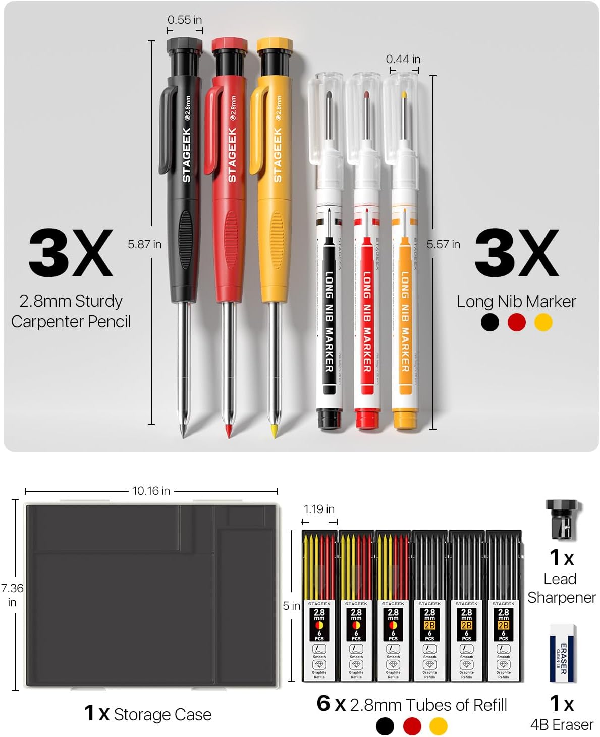 Carpenter Pencils with Sharpener, 2.8mm Mechanical Pencil Set with 26 Refills, Waterproof Deep Hole Long Nib Marker for Architect Marking, Heavy Duty Woodworking Tools for Construction Electricians