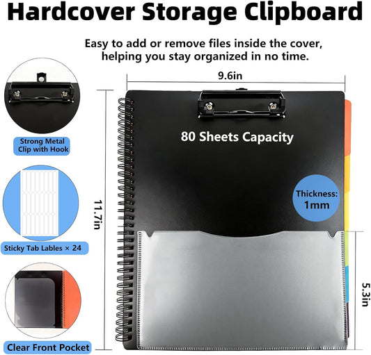 Binditek Plastic Clipboard Folio Folders, 6-Color Dividers with 1/6-Cut Tabs, 12-Pocket Project Organizer, Inner Zipper Pouch, Hardcover Storage Clipboard, Letter-Size, with Sticky Tab Lables, 1 Pack