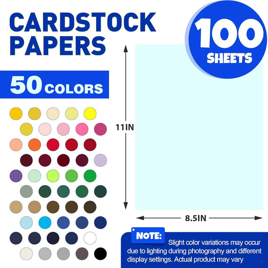 100 Sheets 8.5" X 11" Colored Cardstock, 50 Assorted Colors 230GSM/85LB Construction Paper Card Stock Printer Paper for Printing, Card Making, DIY Crafts, Kids School Supplies,Party Decorations