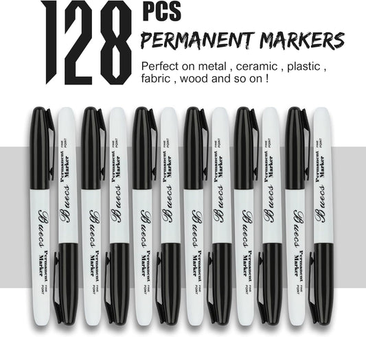 Buecs Permanent Markers, 128 Count Black Permanent Markers, Fine Point, Waterproof & Smear Proof Markers, Quick Drying, Office Supplies for School, Office, Home