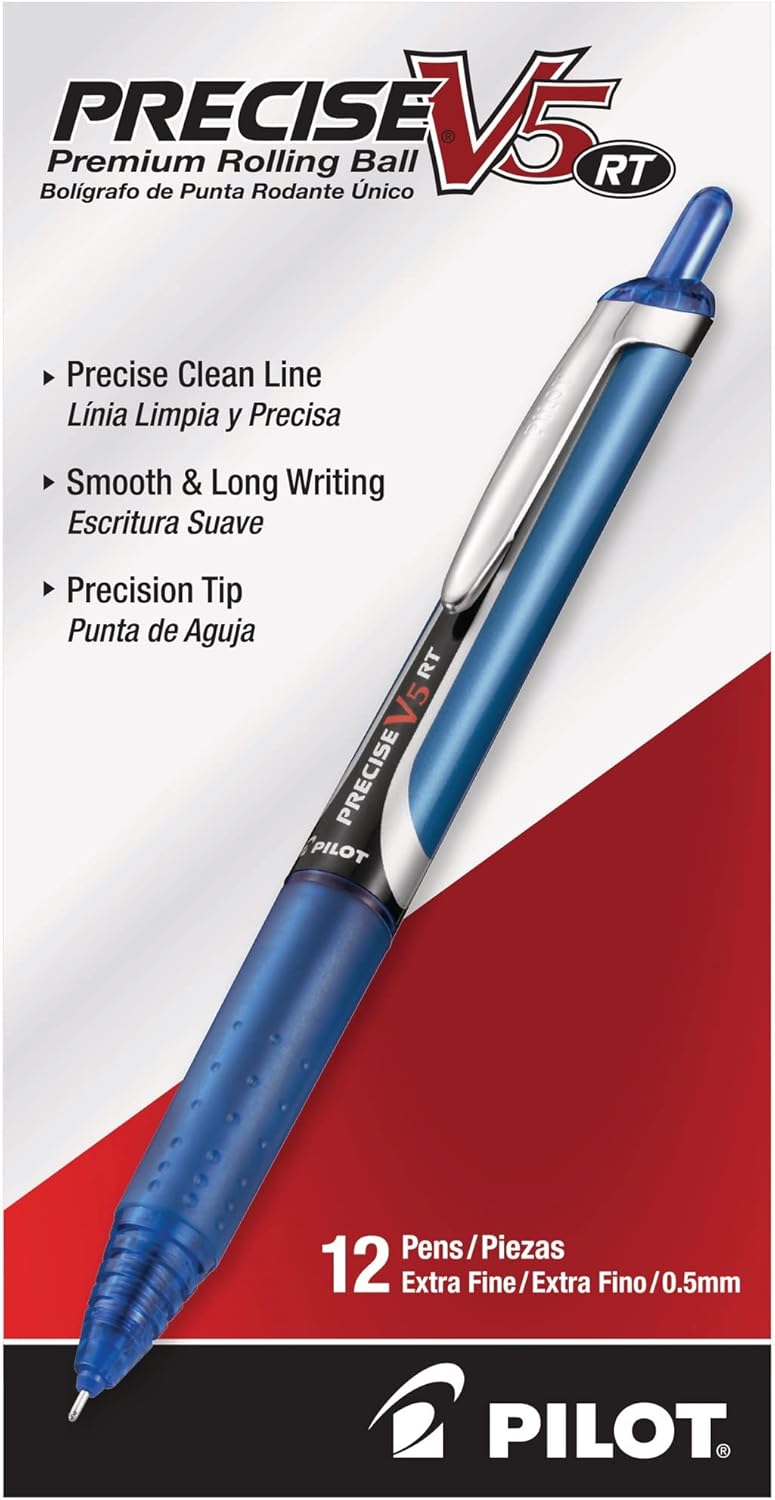 PILOT Precise V5 RT Refillable & Retractable Liquid Ink Rolling Ball Pens, Extra Fine Point (0.5mm) Blue Ink, 12-Pack (26063)