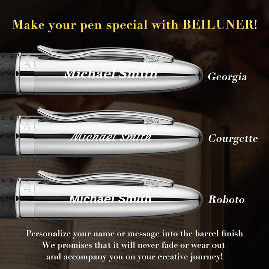BEILUNER 318 Luxury Leather Pen, Hand-Stitched Premium Leather, Chrome-Plated Finish, Schmidt Ink Refill, Best Rollerball Pen Gift for Men & Women, Refillable, Executive Writing, Nice Pens