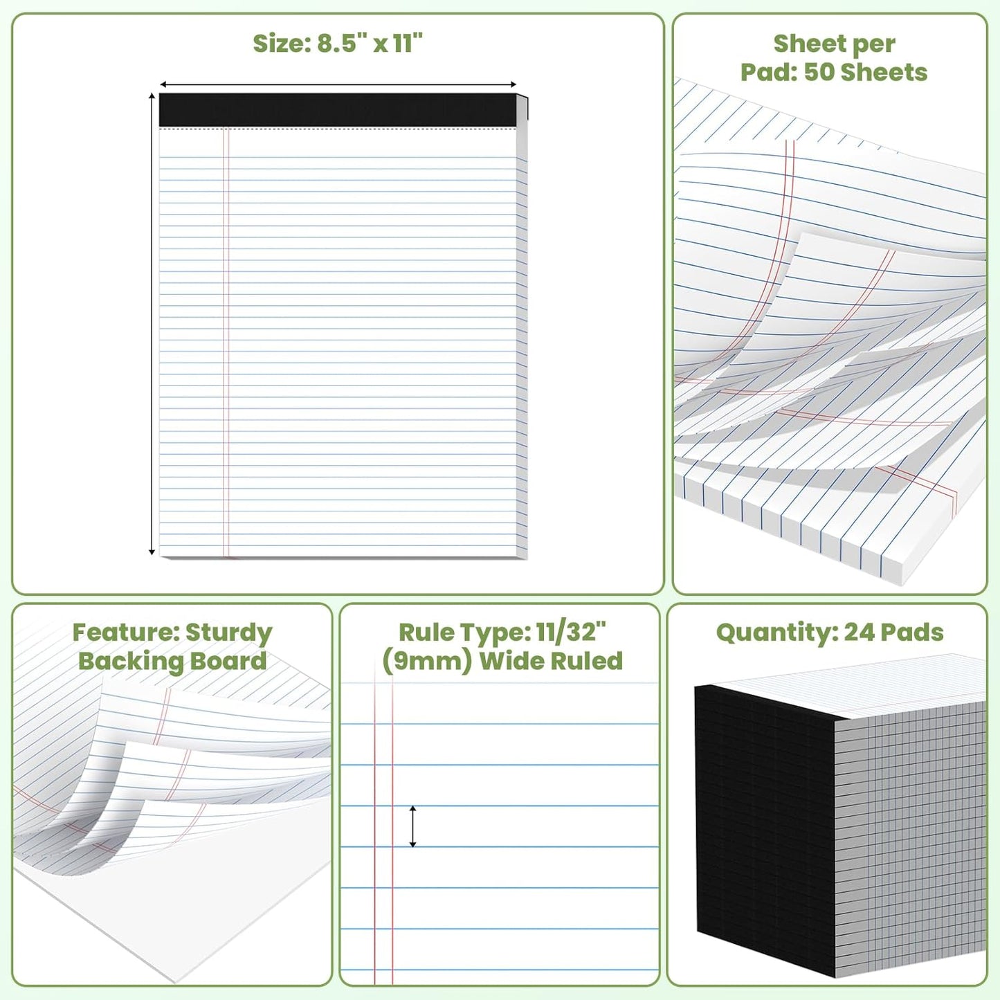 24 Pack Legal Pads 8.5" x 11", Wide Ruled Writing Notepads, 50 Sheets/Pad, Perforated Pages, 1200 Sheets Lined Paper for School Office Supplies