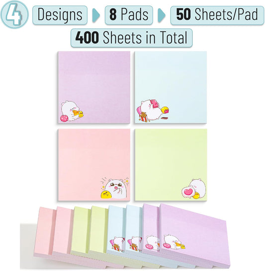 Mr. Pen- Aesthetic Sticky Notes, 3"x3", 8 Pads, 400 Sheets, 4 Designs, Cute Bear Sticky Notes, Self-Stick Note Pads Aesthetic, Perfect for Office, School, Home, Study & Organization