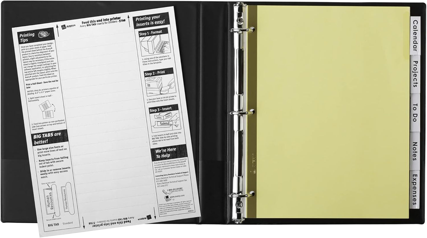 Avery Insertable Dividers for 3 Ring Binder, 5-Tab Set, Clear Big Tabs, Buff Paper with Gold-Reinforced, 1 Set, Great for Organizing Projects, Reports, Finances, and More (11110)