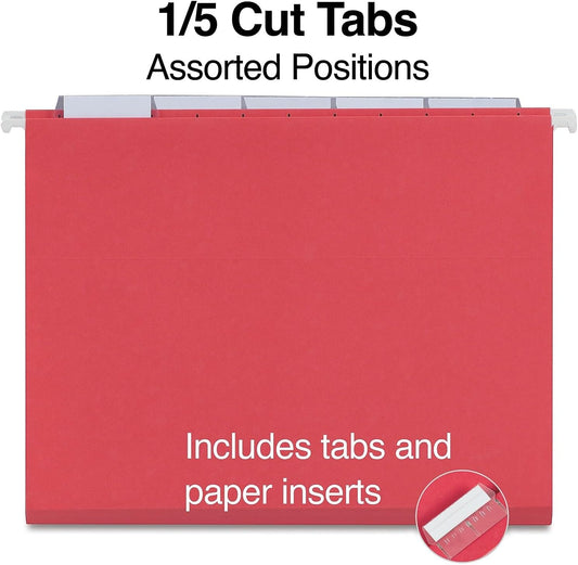 Staples Hanging File Folders, Letter Size, 5‑Tab, Red, Durable Filing Folders – 50/Carton