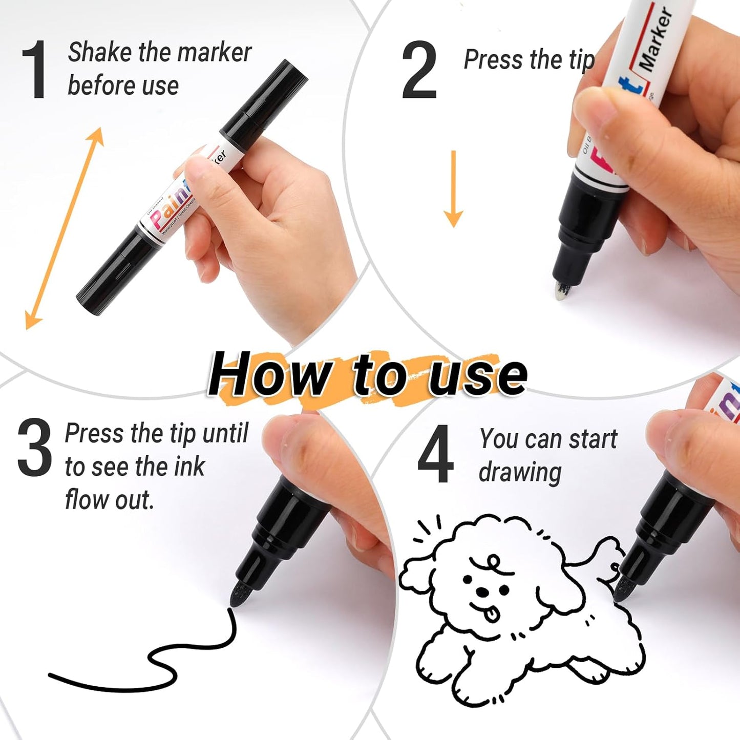 Dual Tip Paint Pens Paint Markers, 4 White & 4 Black Oil Based Permanent Markers - 0.7mm Extra Fine Tip, Waterproof, Quick-drying, Good Coverage for Rock, Metal, Tire, Plastic, Wood, Glass, Fabric