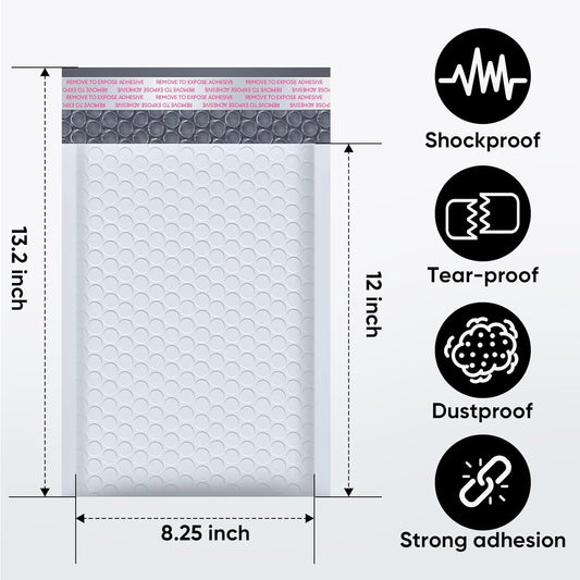 CHMI White Bubble Mailers 8.5 x 12 Inch 100 Pack, Usable Size 8.25X12 Inch Poly Mailers,Mailing Envelopes,Shipping Mailer,Opaque Self Seal Adhesive Waterproof Bags for Packaging and Shipping.