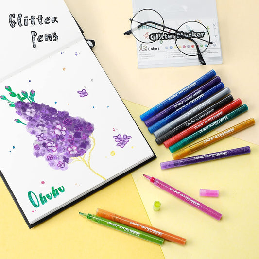 Ohuhu Glitter Markers Pen: 12 Glitter Colors Metallic Shimmer Marker Fine Tip Water-based Ink for Kids Adults DIY Crafts Greeting Birthday Cards Making Mugs Wood - AP Certificated