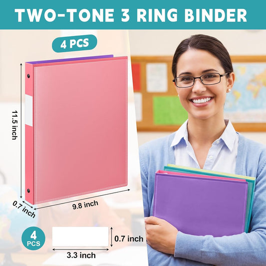 Henoyso 4 Pack Plastic Two-Tone View 3 Ring Binder, 1 Inch Round Ring Binder with Four Inner Pockets, Heavy Duty View Binders for School and Office, Pink, Teal, Purple and Lime (Clear Font Pocket)