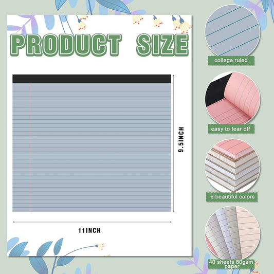 Lincia 6 Pcs 11" x 9.5" Legal Pads College Ruled Notepad Landscape Notebook Horizontal Lined Notebook 80 Gsm Assorted Colors Paper Pastel Writing Pads for School Office, 40 Sheet (Soft Color)