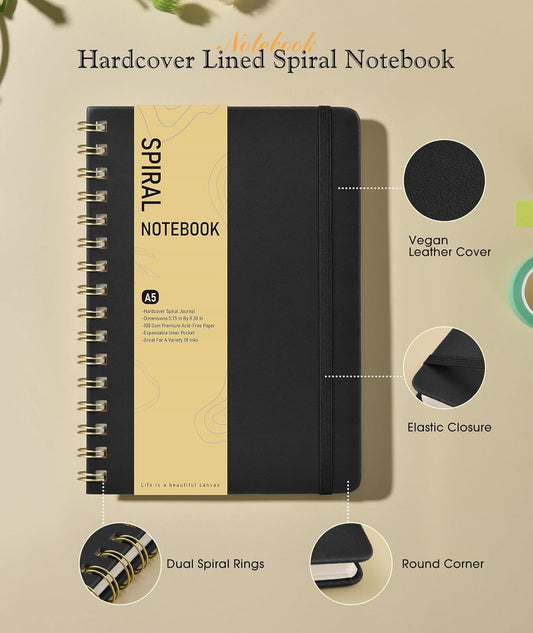 Lined Spiral Journal Notebook, A5 Hardcover Spiral Journals for Women Men, 150 Numbered Pages Spiral Bound Notebook, 100 GSM College Ruled Notebooks for Work, Note Taking 5.75" x 8.38", Olive Green