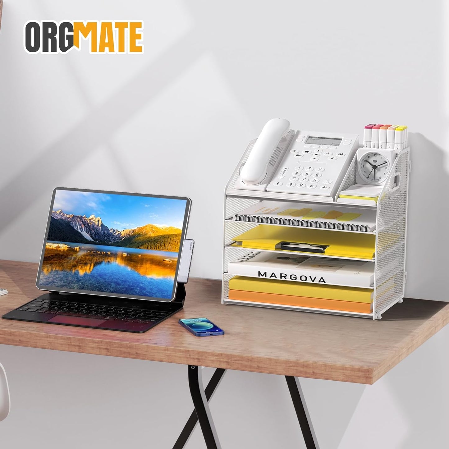 Letter Tray Paper, 4 Tier Desk Organizer with Pen Holder and Handle Mesh File Organizer Paper Sorter Metal Desktop Document Shelf for Office Home Classroom -Black