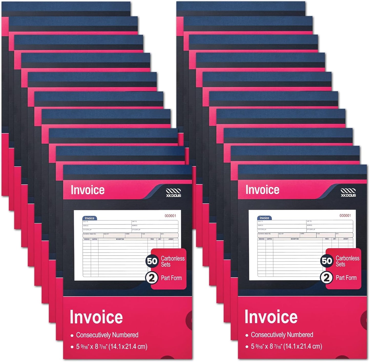 XKDOUS 2 Pack Invoice Book, 2-Part Carbonless, 5-9/16" x 8-7/16" Invoice Receipt Book for Small Business, 50 Sets per Book