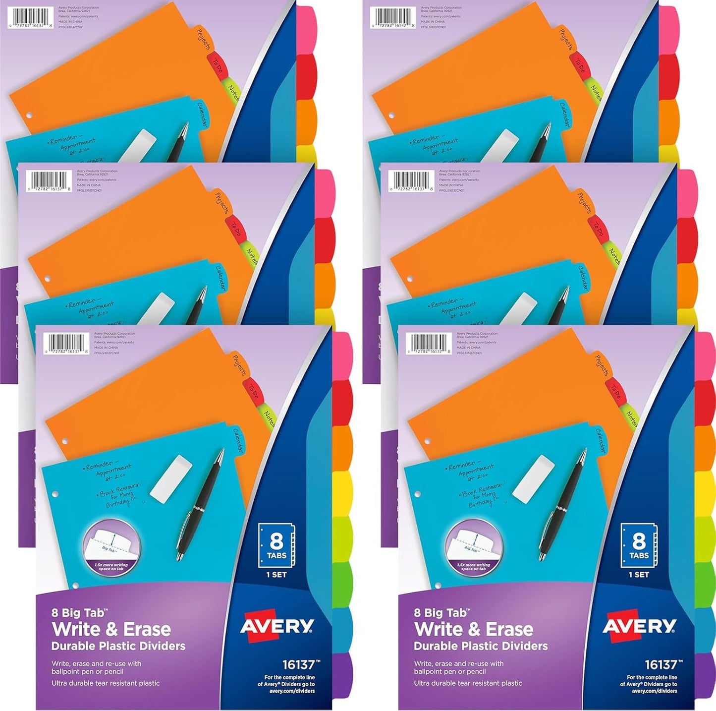 Avery Write & Erase 8 Tabs Plastic Divider for 3 Ring Binders, 3 Sets (8 Colors)