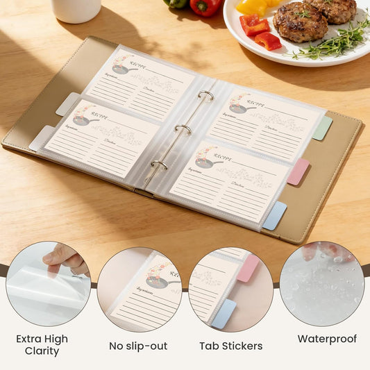 50 Pack Recipe Card Page Protectors, 4x6 Inch Recipe Card Sleeves, Sheet Protectors for 3 Ring Binder 8.5x9.5 Inch, 2 Pockets Per Page, Recipes Binder Refill Pages with 12 Tab Stickers