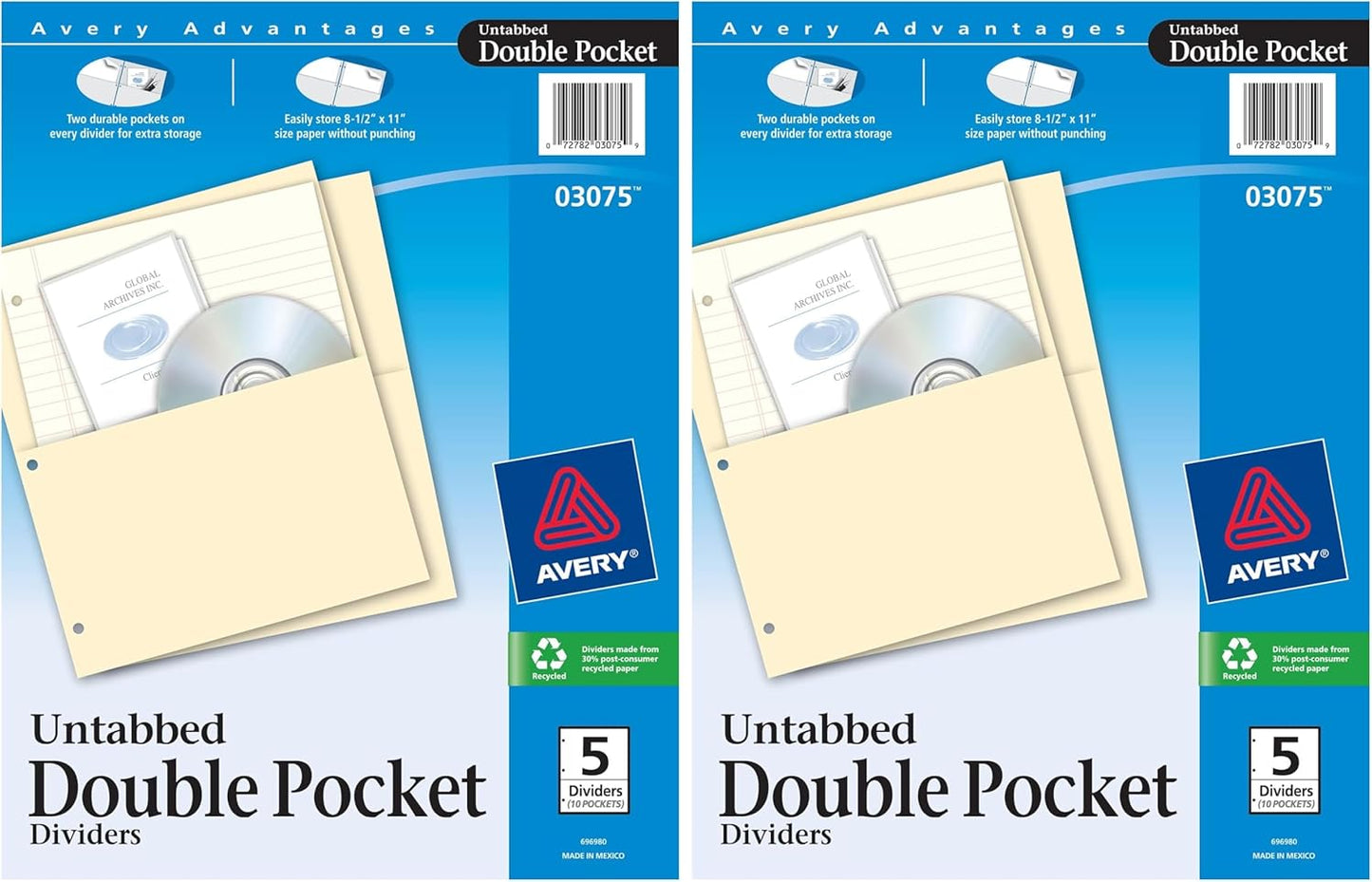 Avery Untabbed Double Pocket Dividers for 3 Ring Binders, Manila, Pack of 5 Dividers (03075)