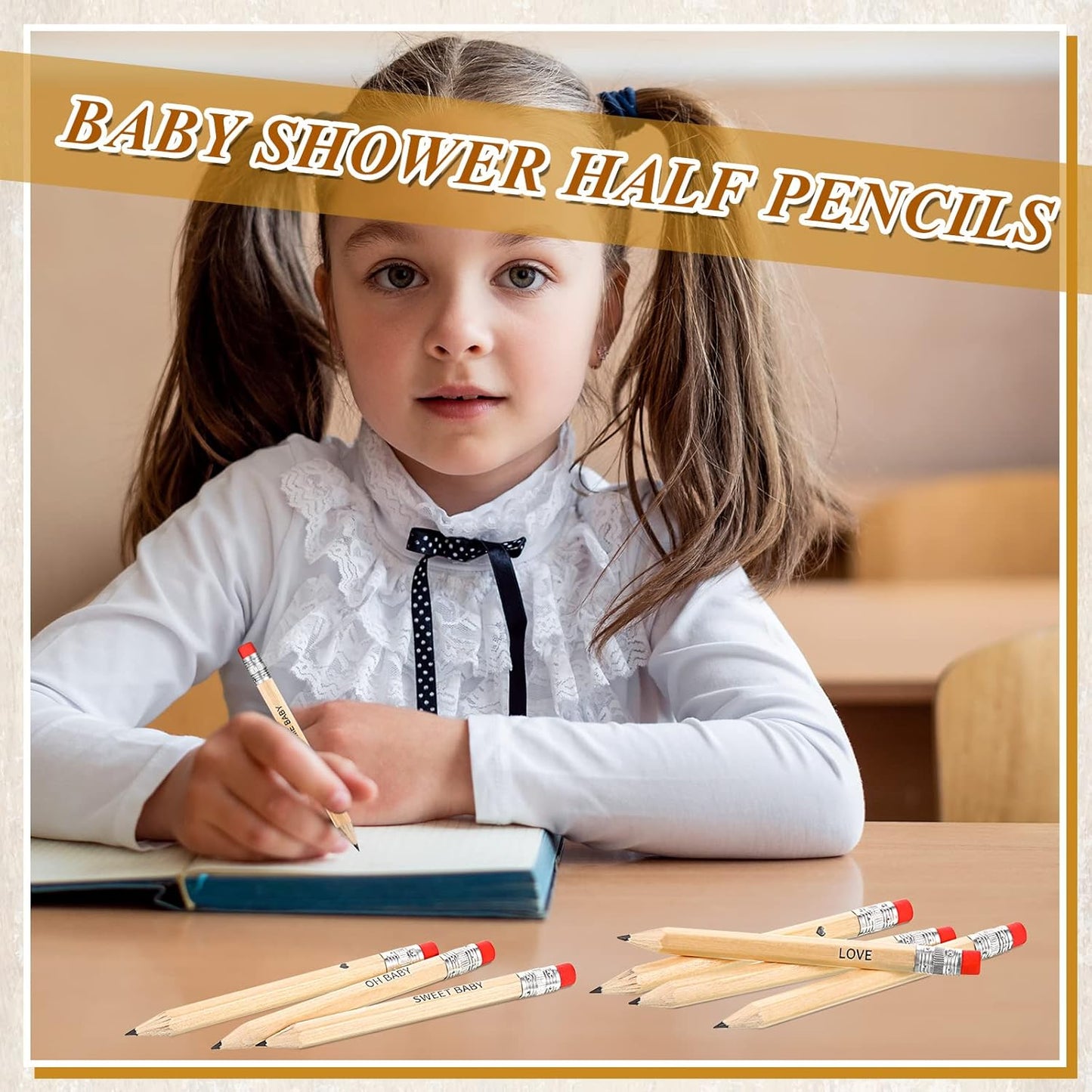 Crtiin 50 Pieces Baby Shower Pencils for Activities Mini Golf Half Pencils, Presharpened with Erasers, 4 Inch(Wood Color,Simple Style)