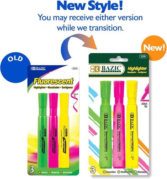 BAZIC PRODUCTS Highlighter Assorted Color Desk Style, Chisel Tip Broad Fine Line Highlighters, Unscented Highlighting Coloring Marker (3/Pack), 2-Packs