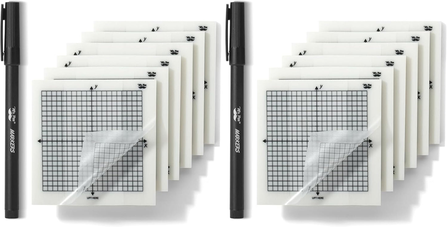 Mr. Pen- Transparent Graph Sticky Notes, 3x3 Inch, 6 Pads, 50 Sheets/Pad, 6 Grid Designs, Square Graph Paper Notes & Fineliner, Waterproof Grid Sticky Note Pads for Math, Study, Journals, Planners