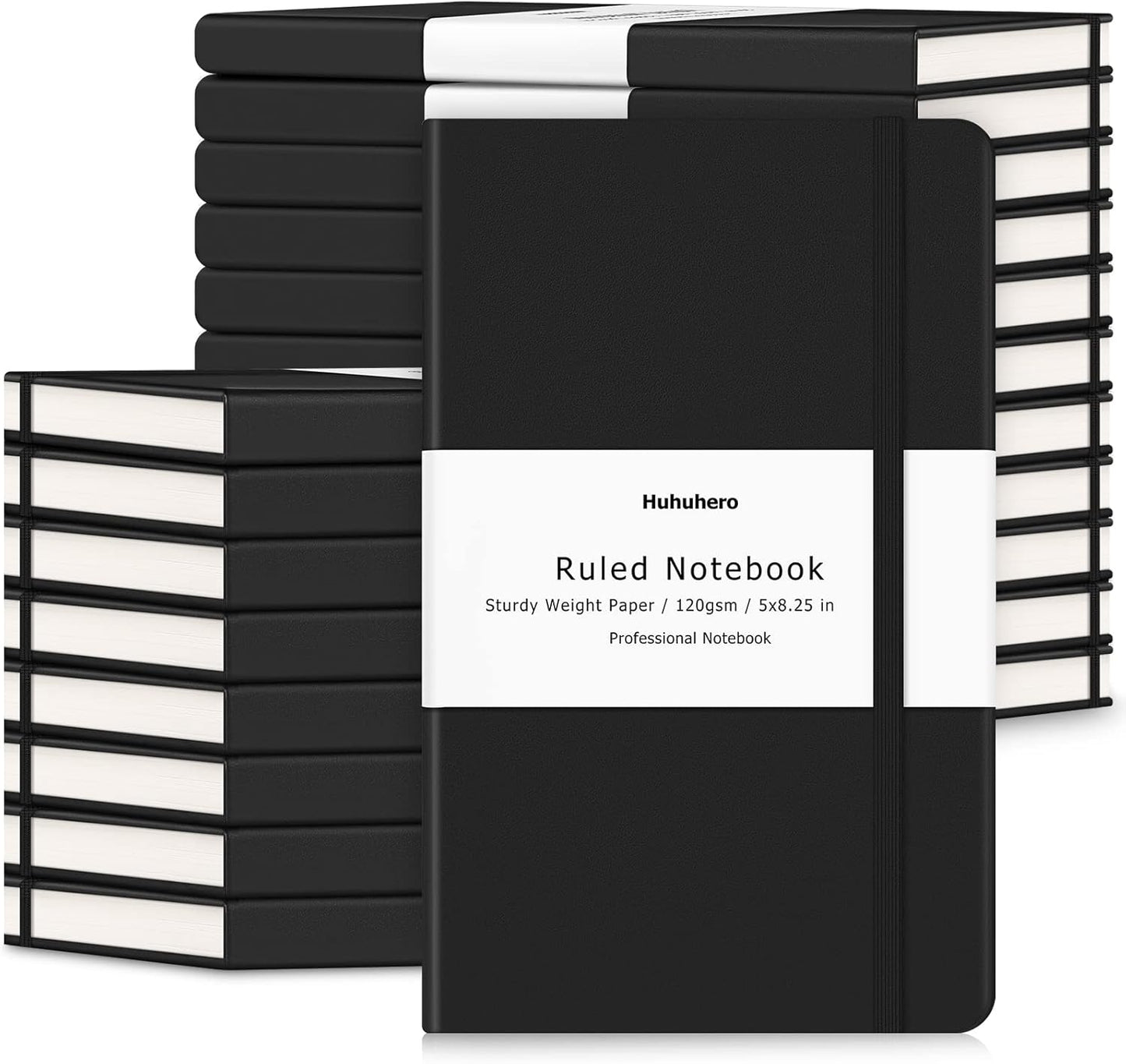 Huhuhero 5 Pack Lined Journal Notebooks, Hardcover Notebook for Work School Office, 5"×8.25", 120Gsm Thick Ruled Writing Journals for Note Taking Business, Black