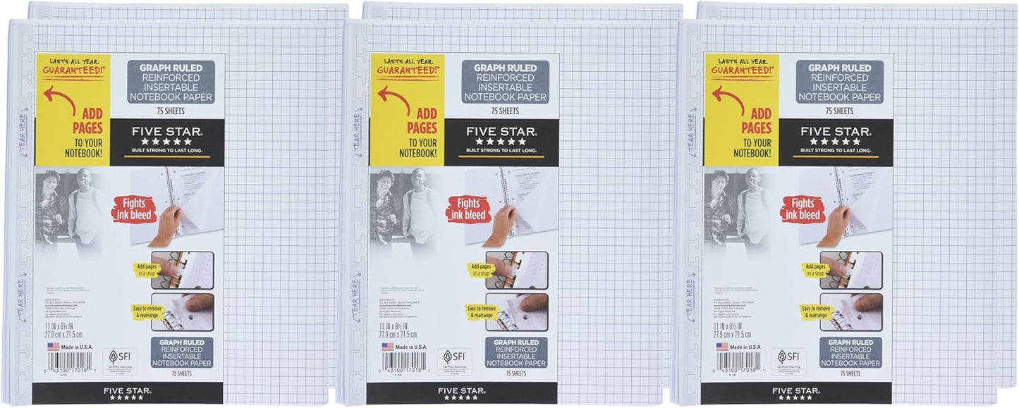 Five Star Loose Leaf Paper, Graph Ruled Insertable Notebook & Binder Filler Paper, 8-1/2" x 11", Reinforced T-Tabs, 75 Sheets (170180)