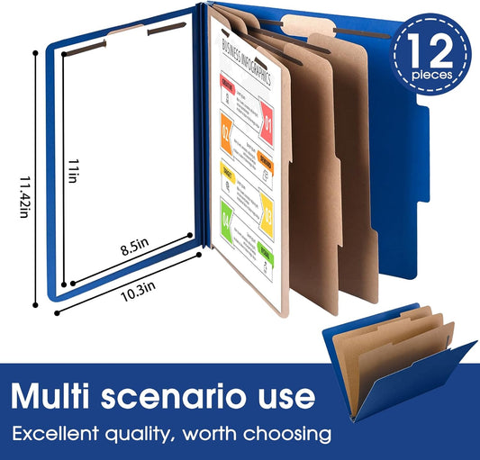 Cesil Pressboard Classification File Folders, 12pcs 3 Dividers Blue File Folders Letter Size with 2 Prongs Fastener, Heavy Duty Office File Organizer for Teacher School Medical Employee File Folers