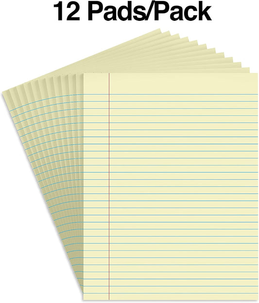 STAPLES Glue‑Top Notepad, 8.5” x 11”, Wide Ruled, Canary, 12‑Pack