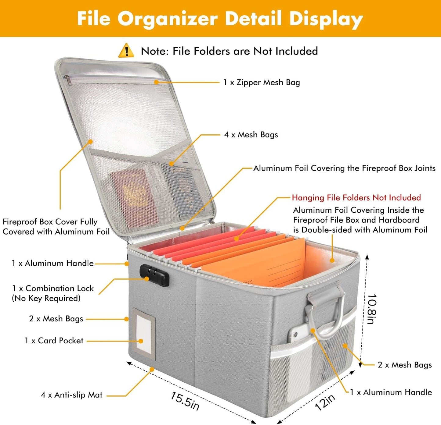TOMKID Fireproof Document Box, Fireproof File Box with Lids, Important Document Organizer Box with Lock, Portable File Folder Organizer with Handle